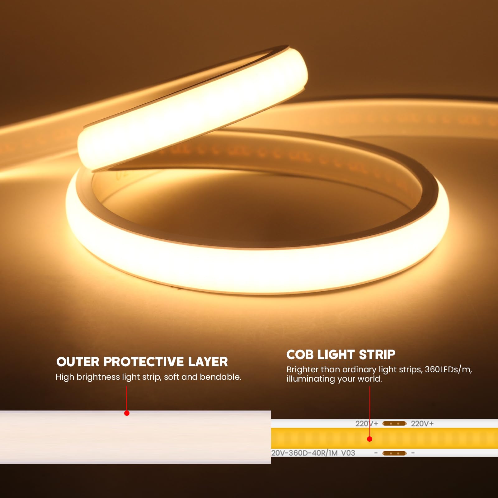 XUNATA Lumière au néon LED COB, Bande LED IP65 Etanche Bande Lumineuse 220V Super Lumineux 288 LEDS/M Flexible Bande lumière pour DIY Projets D'éclairage Intérieur et Extérieur (Blanc chaud, 6M)