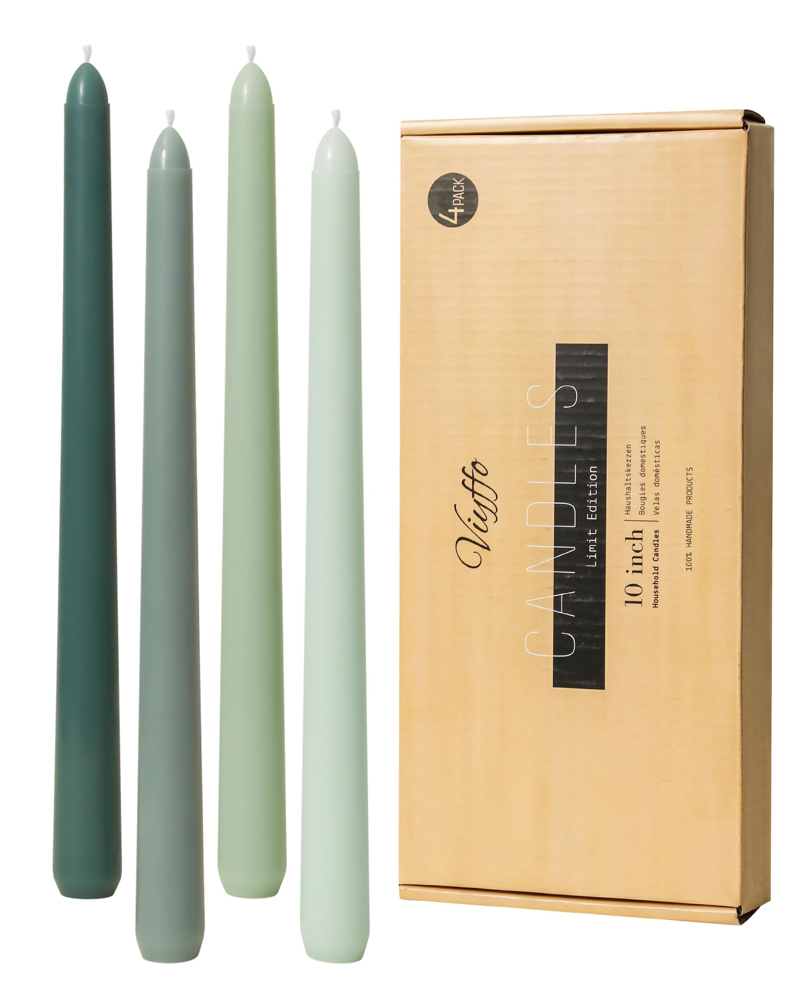 Viyffo Taper Candles 10 Inch Green Set of 4 Unscented, Dripless, Smokeless Long Tall Tapered Candlesticks Wedding Advent Home Decor Dinner Christmas-Natural Color Series
