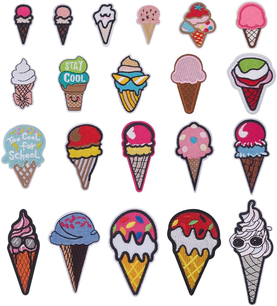 arricraft 42 Pcs Iron on Patches, Cartoon Ice Cream Drinks Sunglasses Self Adhesive Embroidery Cloth Stick on Patch Sew on Appliques for Jeans Hats Jackets Backpacks Clothing