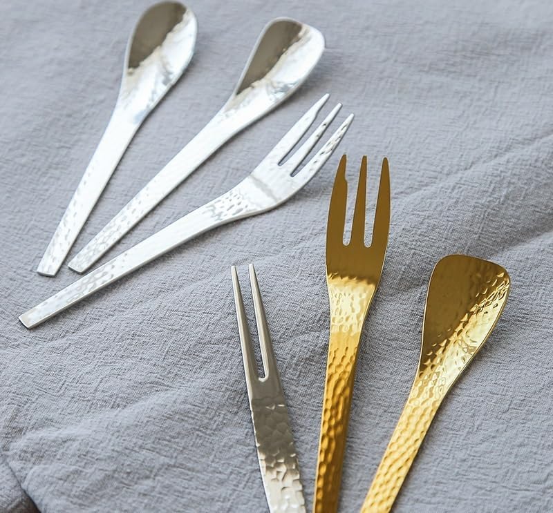 Silverware Flatware Set, 4/16/24/32 Pieces Hammered 304 Stainless Steel Dessert Forks And Spoons, Dessert Cakes, Hammered Fruit Forks, Ice Cream Spoons (Color : Gold, Size : 4Set-16Pcs)
