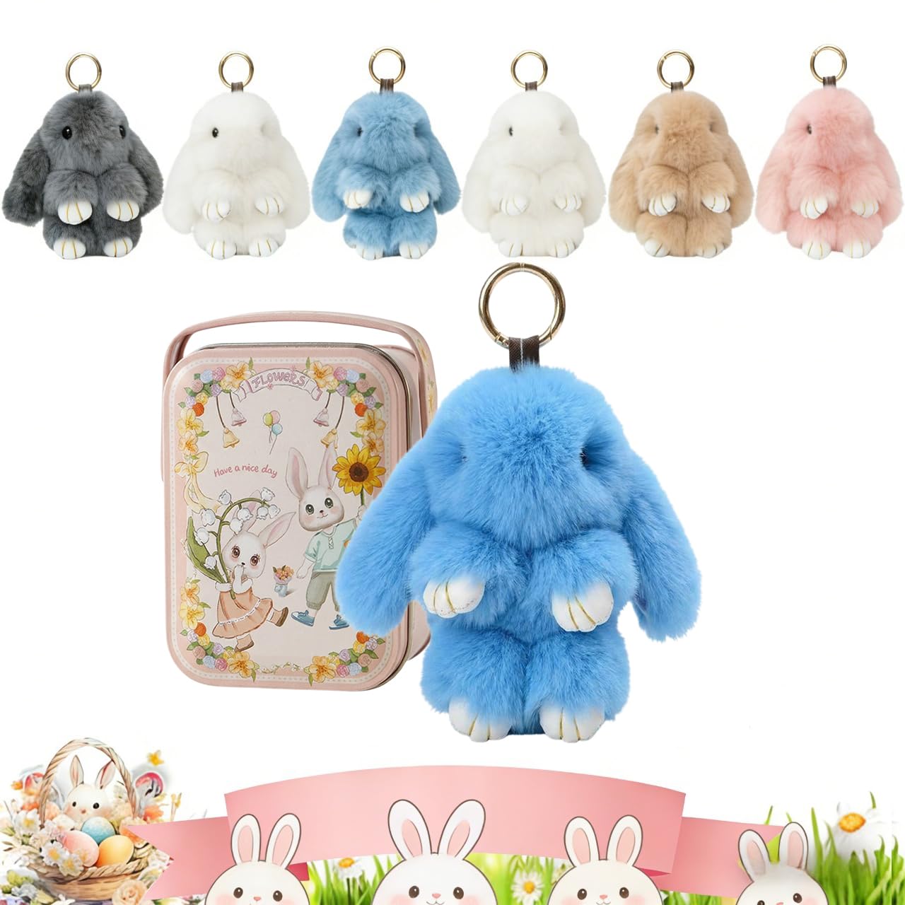 Bunny Keychain in Metal Tin Box, Fluffy Rabbit Plush Keyring with Soft Faux Fur, Cute Pom Pom Keychain for Women Girls, Bag Charm for Purse Backpack, Easter Gift Keyring Accessories (Blue)