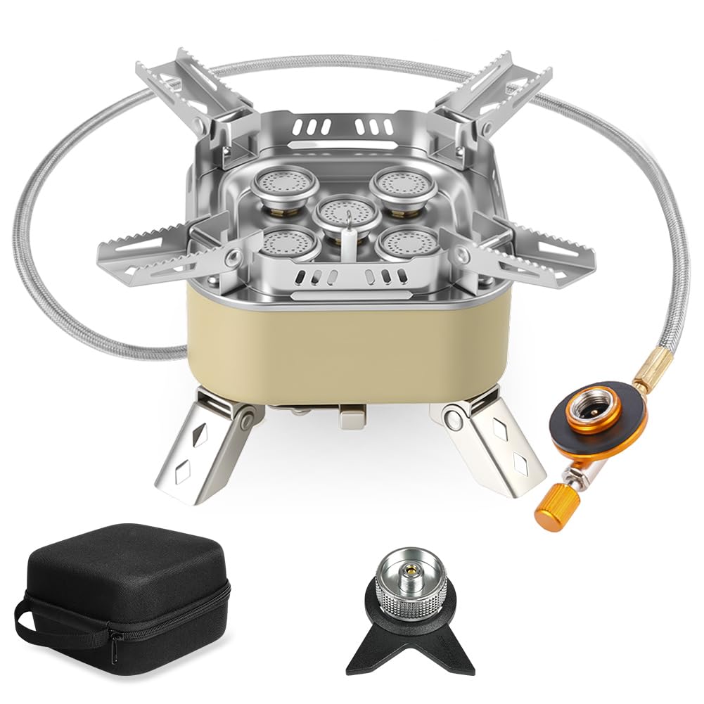 Adiwo 15800w Fornello da Campeggio, Pieghevole Gas Camping Stove Migliorato con 5 Bruciatori, Accensione Piezoelettrica e Borsa Portaoggetti, Mini Stufa da Campeggio Antivento(Cachi)