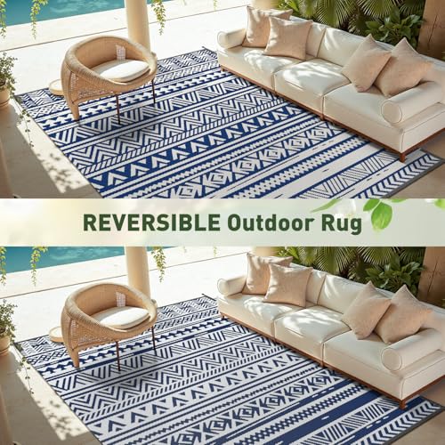 MontVoo-Outdoor Rug Carpet Waterproof 5x8 ft Reversible Patio Rug RV Camping Rug-Plastic Straw Rug Outside Indoor Outdoor Area Rug for Patio Deck Balcony Picnic Beach Outdoor Decor Boho Navy Blue - Image 7