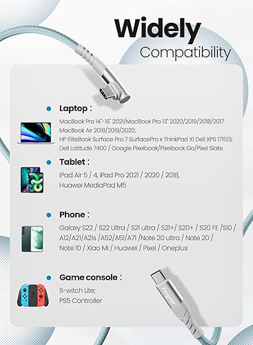 Miniatura 6 de Fasgear Cable USB C a USB C de 100 W  1 paquete de 3 pies USB 2.0 tipo C a tipo C PD cable 5A de carga rápida en ángulo recto compatible con