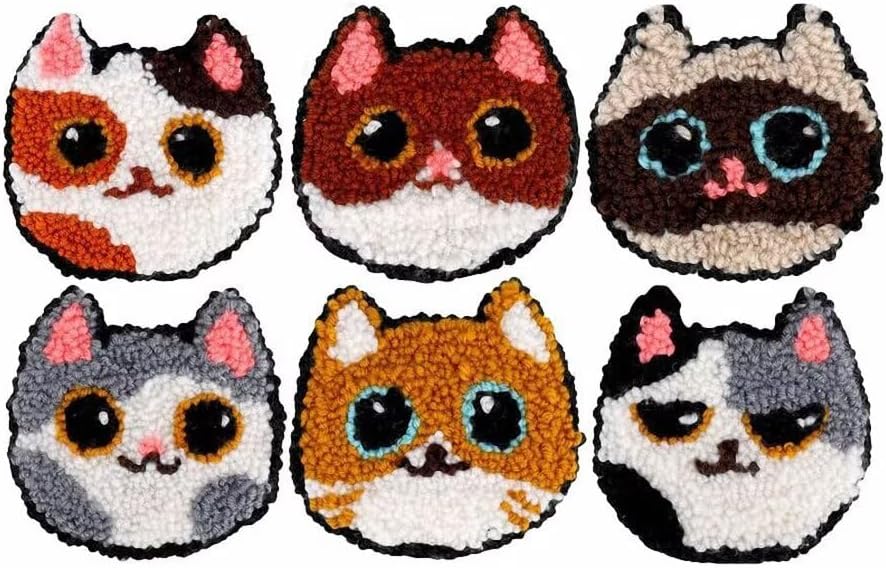 Punch Needle Coaster Kit 6 Patterns Dogs Tufted Rug Pads, DIY Needle Punch Coaster Kit for Adults Beginners with Adhesive Felt Yarns Embroidery Hoop Tools Instruction