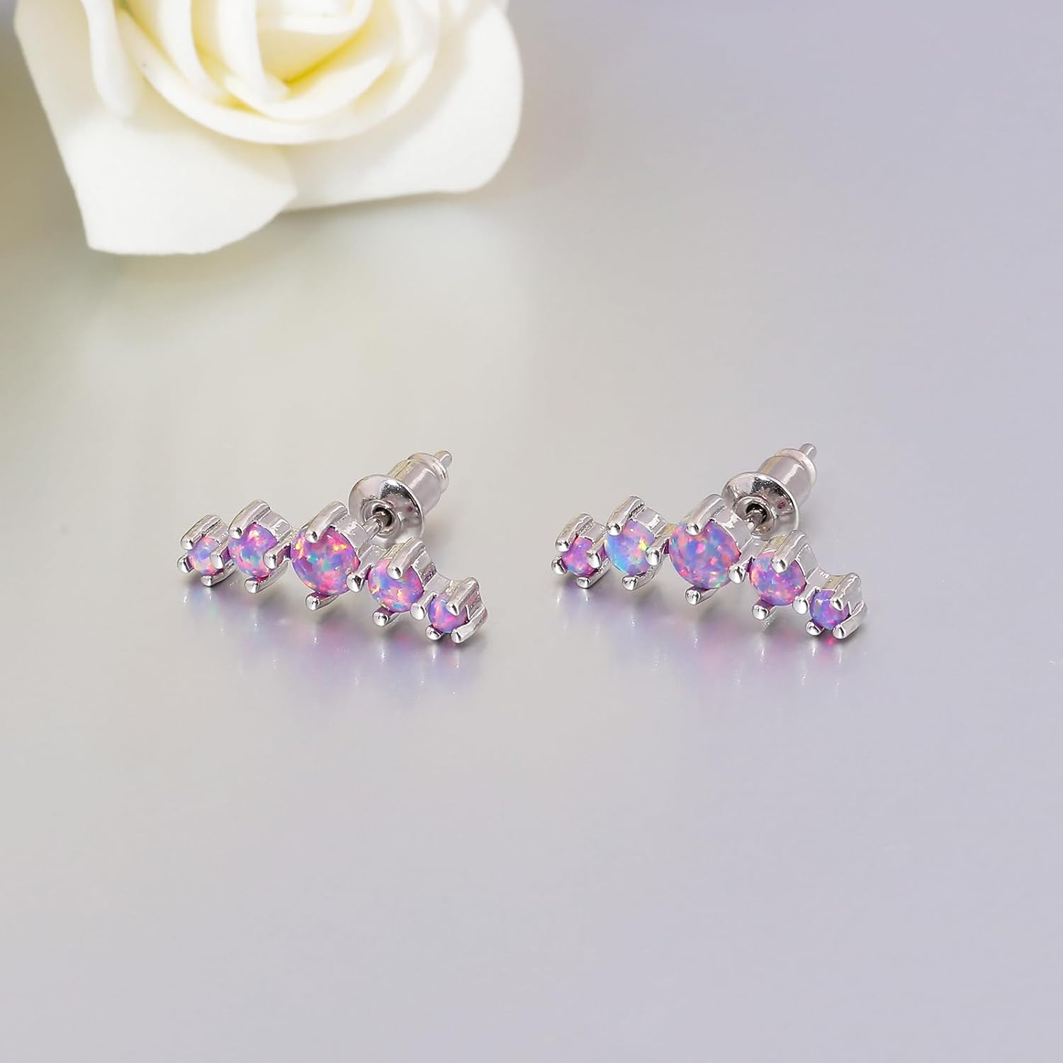 CiNily Opal Ear Crawler Earrings, 14K Gold Plated Cuff Climber Earrings Small Flat Back Stud Earrings Fashion Jewelry Mothers Day Gifts for Women Girls Hypoallergenic, White Gold, Rose Gold