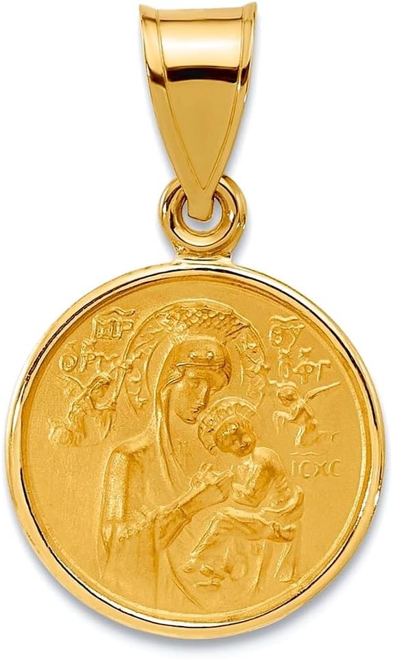 JewelryWeb 13.3mm 14k Yellow Gold Polished and Satin Solid Our Lady Of Perpetual Help Medal Pendant Necklace Pendant for Women
