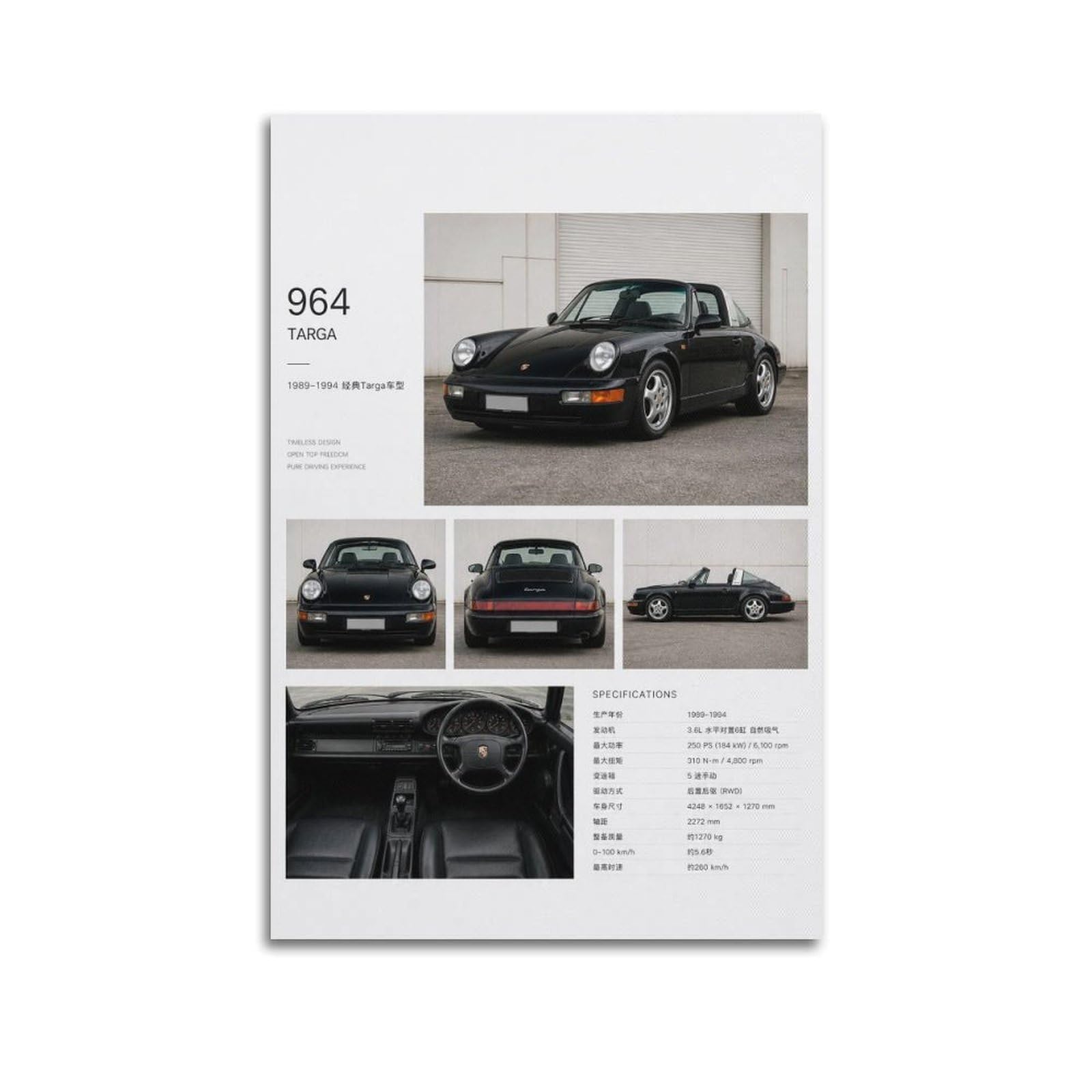XKUGA German Racing 911 Carrera 964 Targa Poster Supercar Modern Decorative Canvas Prints - Ideal Wall Art for Family, Man Cave, Game Room, Boys & Girls Bedroom 12x18inch(30x45cm)