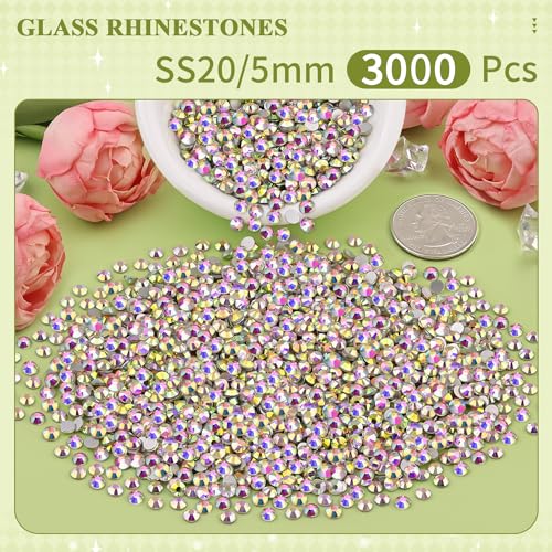 Image of 3000PCS SS20 /5mm Crystal Glass Rhinestones for Bedazzling (Crystal AB) | Flatback Rhinestones for Crafting DIY Nail Art Makeup Decoration, Gems Diomand Charms for Tumbler Shoes Clothing Mug