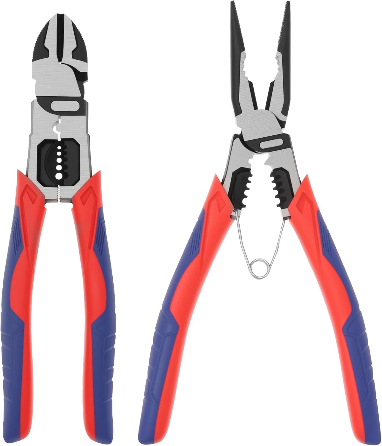Diagonal Cutting Pliers, 8"Side Cutters and Long Nose Pliers Set, Ergonomic Needle Nose Wire Cutters with Cutting, Stripping and Crimping for Electrician, Chrome Vanadium Steel, Nonslip Grip