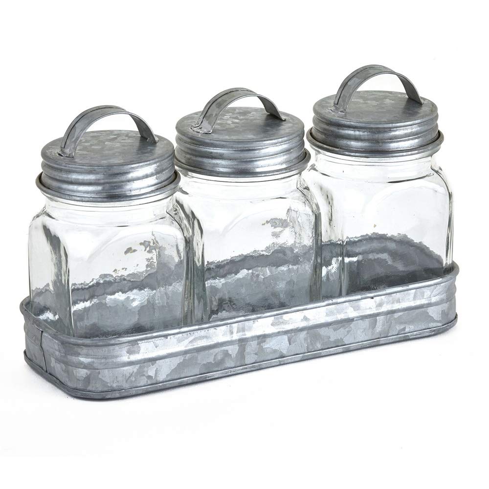 Briskly41Glass Canisters Galvanized Tray Farmhouse Spice Container Set of 3