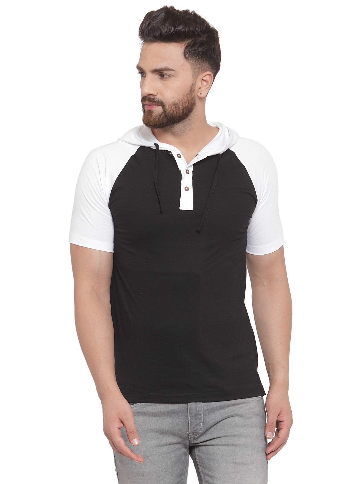 kalt Men's Half Sleeves Dual Colour Cotton Blend Hoodie(Black::White)-picture-25