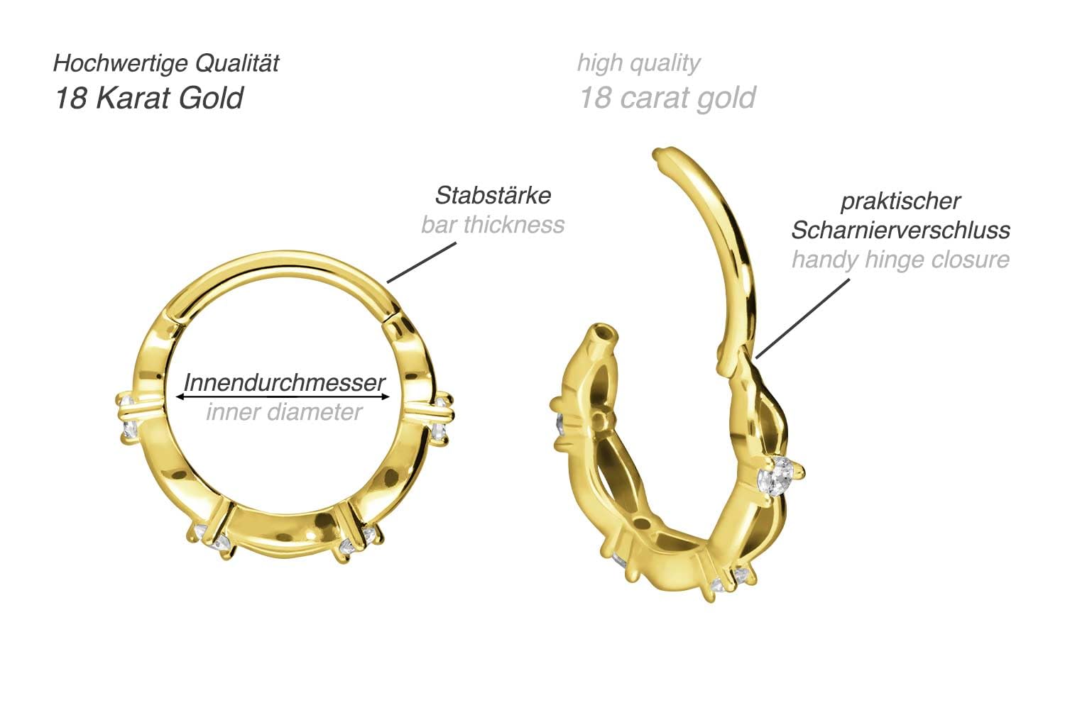 PIERCINGLINE 18 Karat Gold Piercing für Nase, Septum, Ohr, Helix oder Tragus Segmentring Clicker DOPPELT GEDREHT + Kristalle