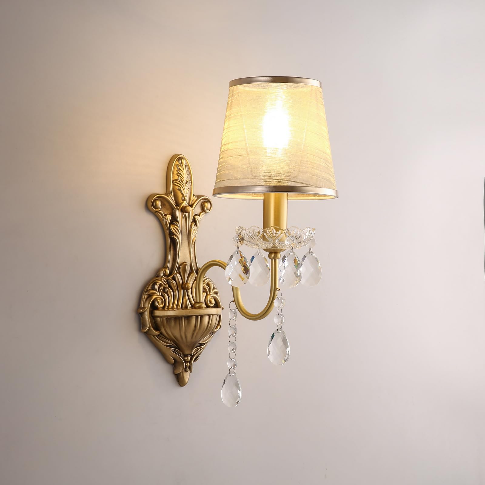 HUAYUSEDF French Brass Crystal Wall Sconces American Retro Candle Living Room Bedroom Bedside Lamp Villa Hotel Study Aisle Corridor Light (H 1 Light)(A 1 Light)