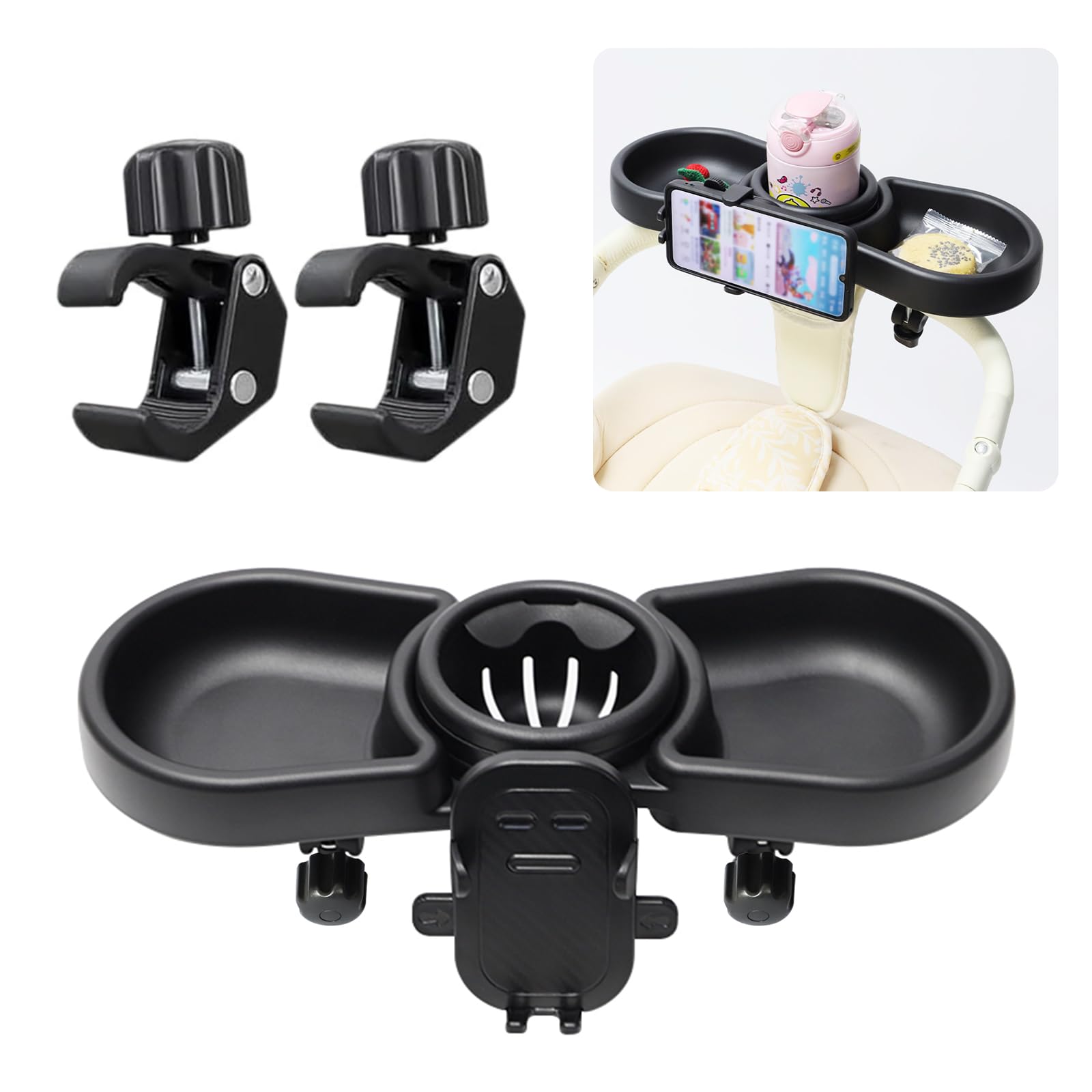Vihir Bandeja para Cochecito de Bebé, 4 en 1 Bandeja de bocadillos Universal para Cochecito con Portabocadillos y Soporte para Móvil, Clip Ajustable Giratorio 360°, para Cochecitos con Reposabrazos