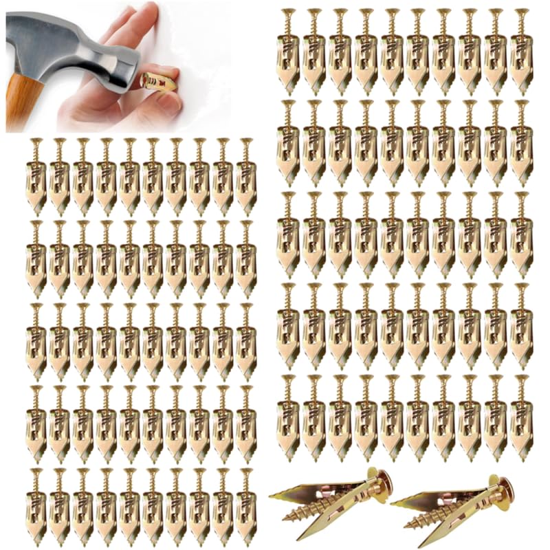 PUSKIU 2024 Upgraded Self-Drilling Anchors Screws, Zinc Plated Steel Drywall Anchors With Screws, Easy Application No Drill or Holes in Wall, Gold