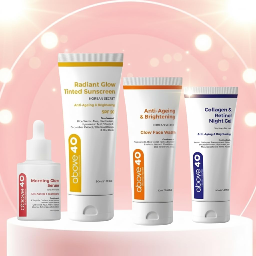 Above40 Complete Holistic Skincare Ritual Box – Korean Secret Formula for Anti-Ageing & Brightening | with Niacinamide, Hyaluronic Acid, Rice Water | Complete Gift Set with SPF 50 Sunscreen, Serum, Face Wash & Gel