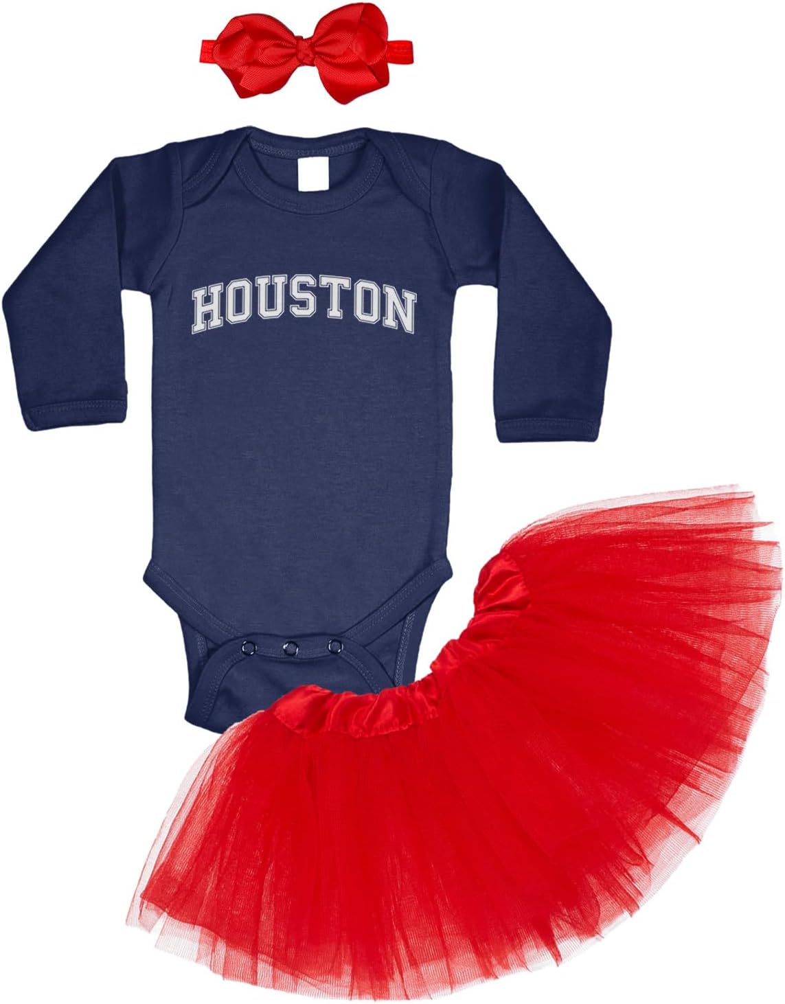 Houston - State Proud Strong Pride Sports Baby Bodysuit + Tutu Skirt + Bow Headband Set