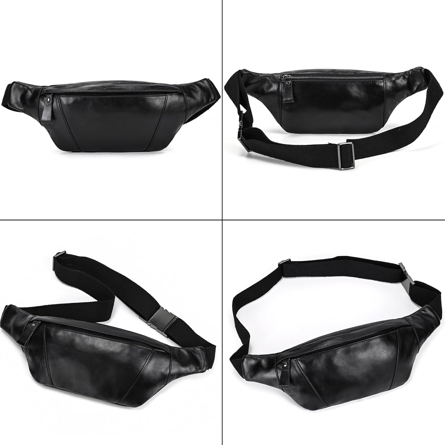 Genuine Leather Slim Waist Pack for Man & Woman, Vintage Design & 4 Zipper Pockets & Adjustable Strap, Large Capacity Fanny Pack Crossbody Belt Bag for Travel or Ride, 1034 Black - Image 7