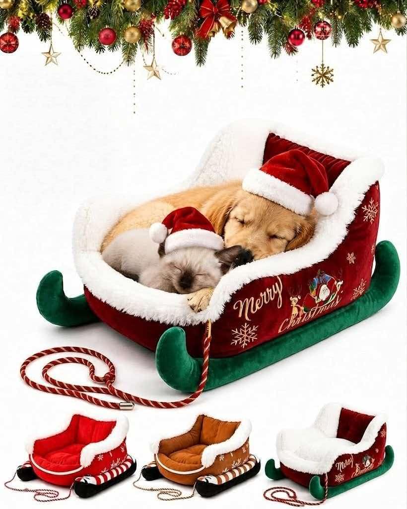 Christmas Dog Sleigh Bed - Plush Santa Xmas Pet Bed with Non-Slip Base