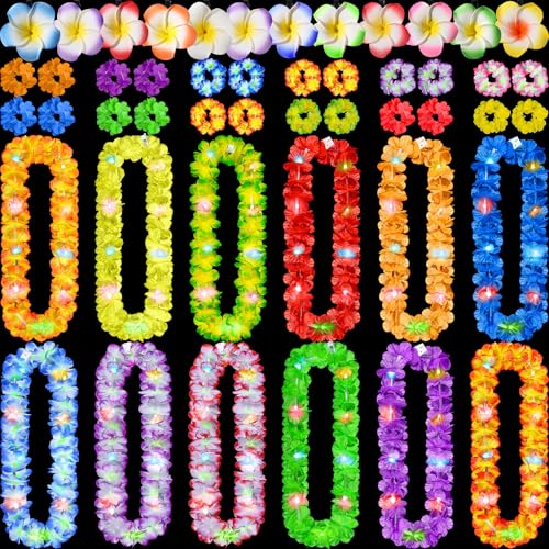 Sherr 48 Pcs Hawaiian LED Luau Leis Party Decorations Supplies Set 12 Light Up Tropical Leis Flowers Necklaces 24 Bracelets 12 Hair Clips Bulk Masquerade Wedding Summer Beach Carnival Party Favors