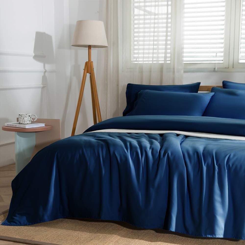 -6PC Bed Sheets Set - Brushed Microfiber 1800 Thread Count Percale - 16" Deep Pocket (King，Navy Blue)