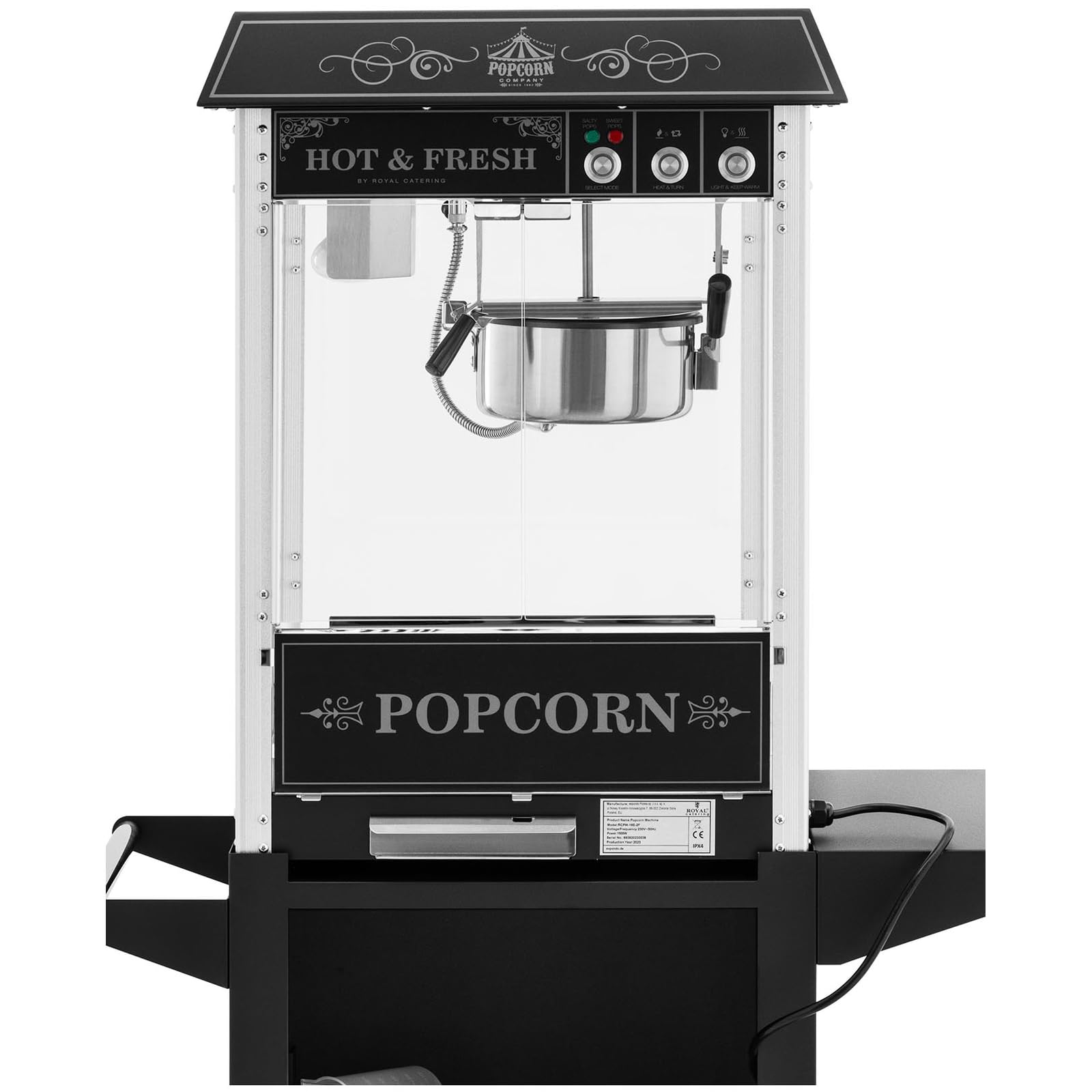 Royal Catering Macchina per popcorn con carrello, design retrò, 1500 W, 195/235 °C, 2 temperature per popcorn dolci e salati, nero