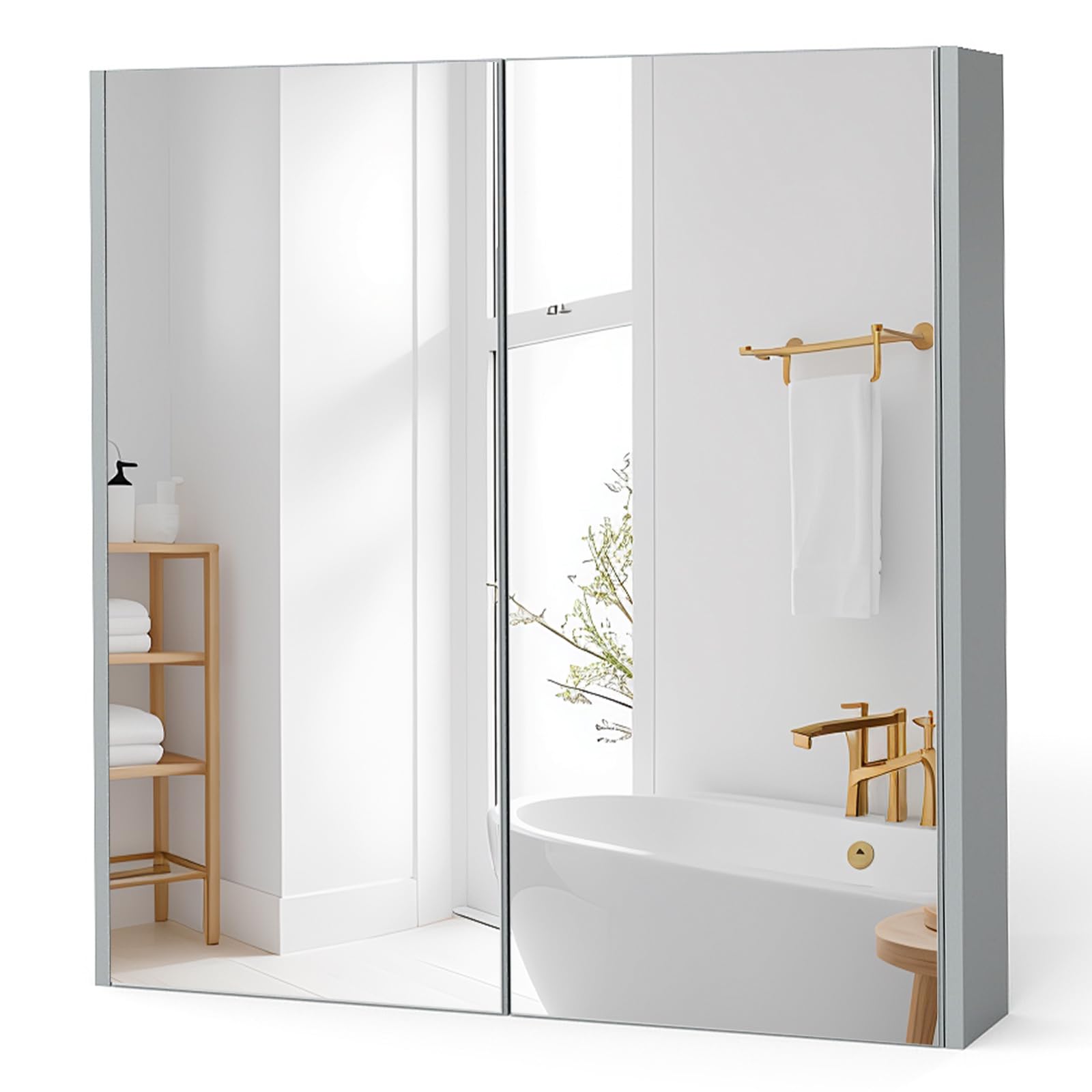 COSTWAY Bathroom Mirror Cabinet, Wall Mounted Storage Cupboard with Shelf, Home Kitchen Living Room Display Organiser Unit (Double Door, Grey)