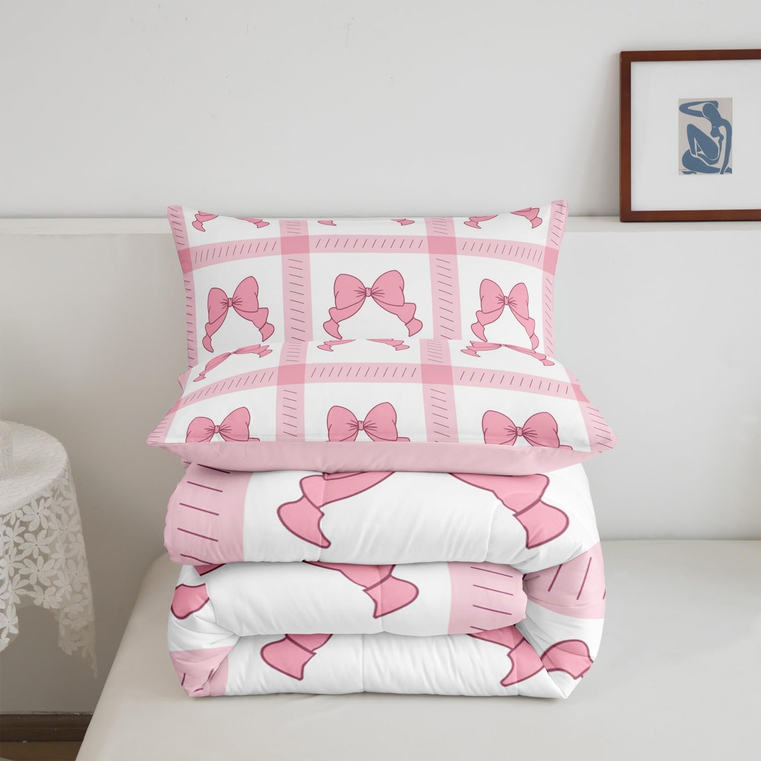 Feelyou Cute Bowknot Bedding Set for Kids Boys Girls Twin Size Cute Dreamy Princess Style Comforter Set Ultra Soft Bow Pattern Comforter Pink White Bowknot Duvet Quilt Bedroom Decor Bow Quilt