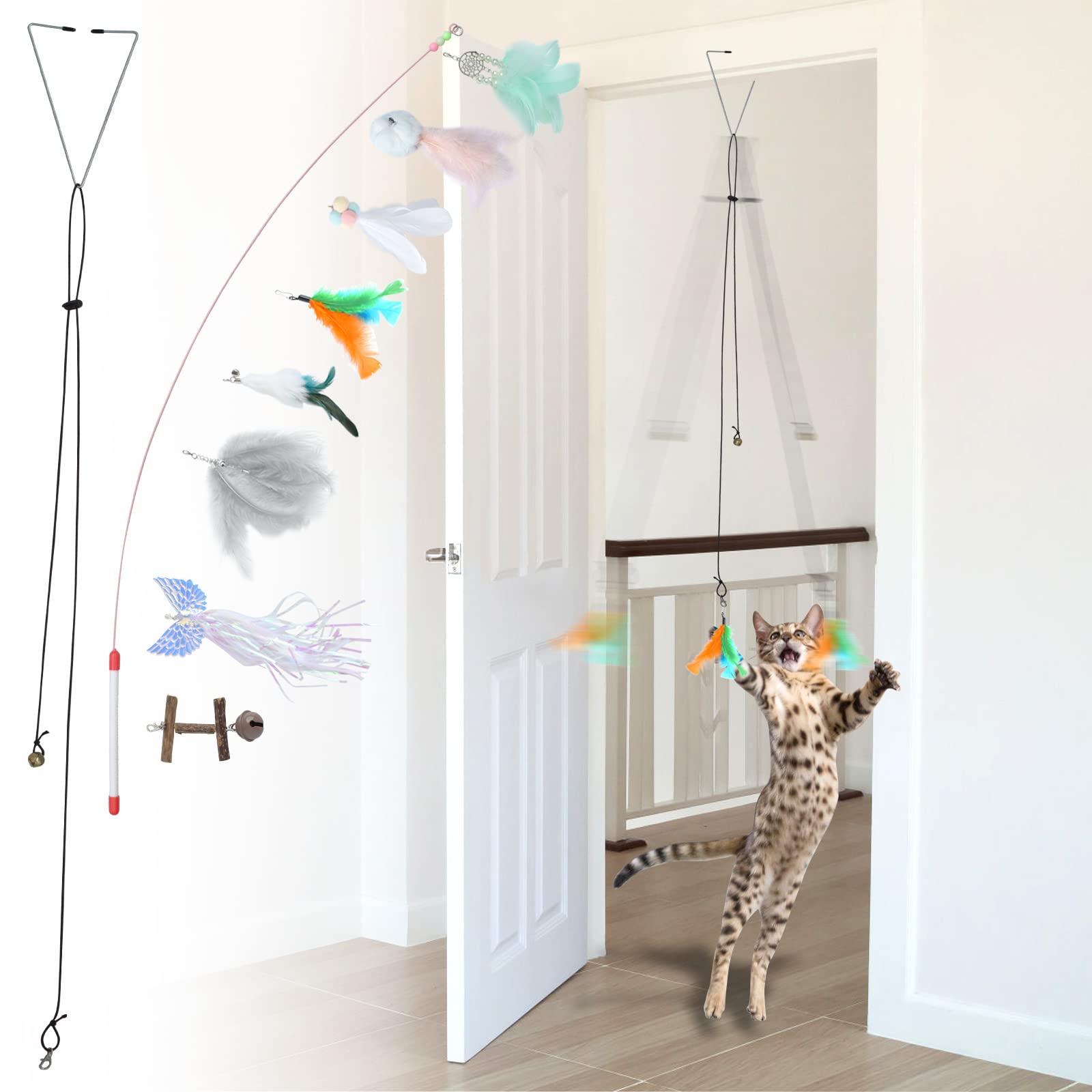 Interactive Cat Feather Toy for Indoor Cats, Hanging Door Bouncing Mouse Cat Toys with Bell Mice Ball Tassel Butterfly Pearl, Kitten Toy Set for Cat Exercise and Jump Play, 10pcs