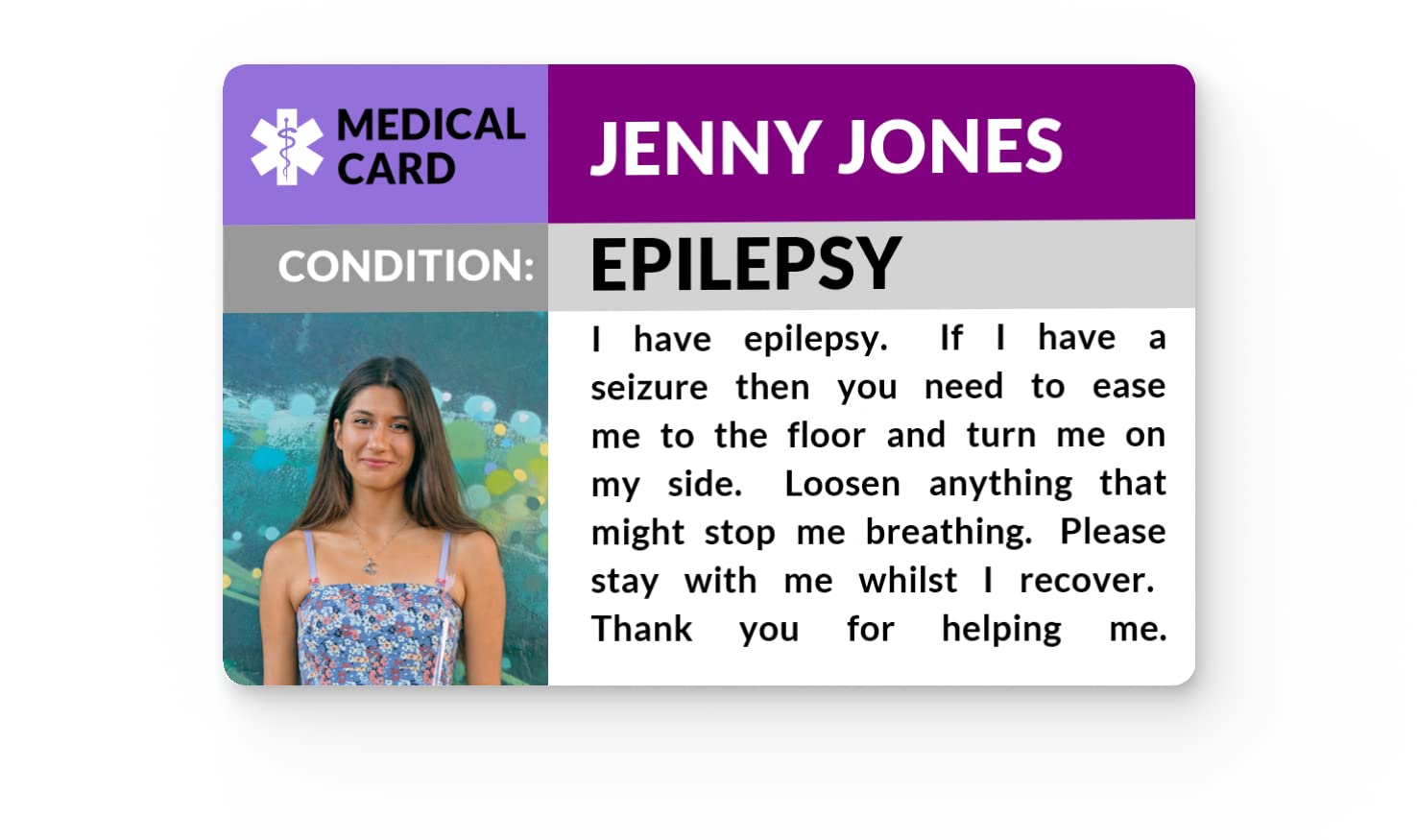 The Card Project UK Epilepsy Photo Medical ID Alert Card, Seizex Badge - Adults with Epilepsy - Unisex - Biodegradable Plastic - Medical ID - Purple - Letter Print