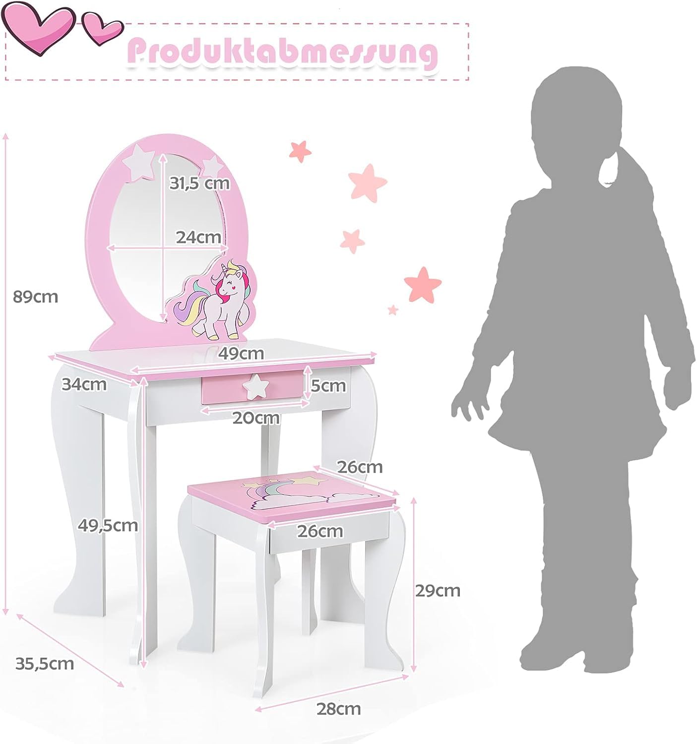 FANTASK Kinderschminktisch mit Schublade und abnehmbarem Spiegel, Prinzessinnenschminktisch mit Hocker, rosa und weißer Schminktisch für Mädchen von 3-7 Jahren