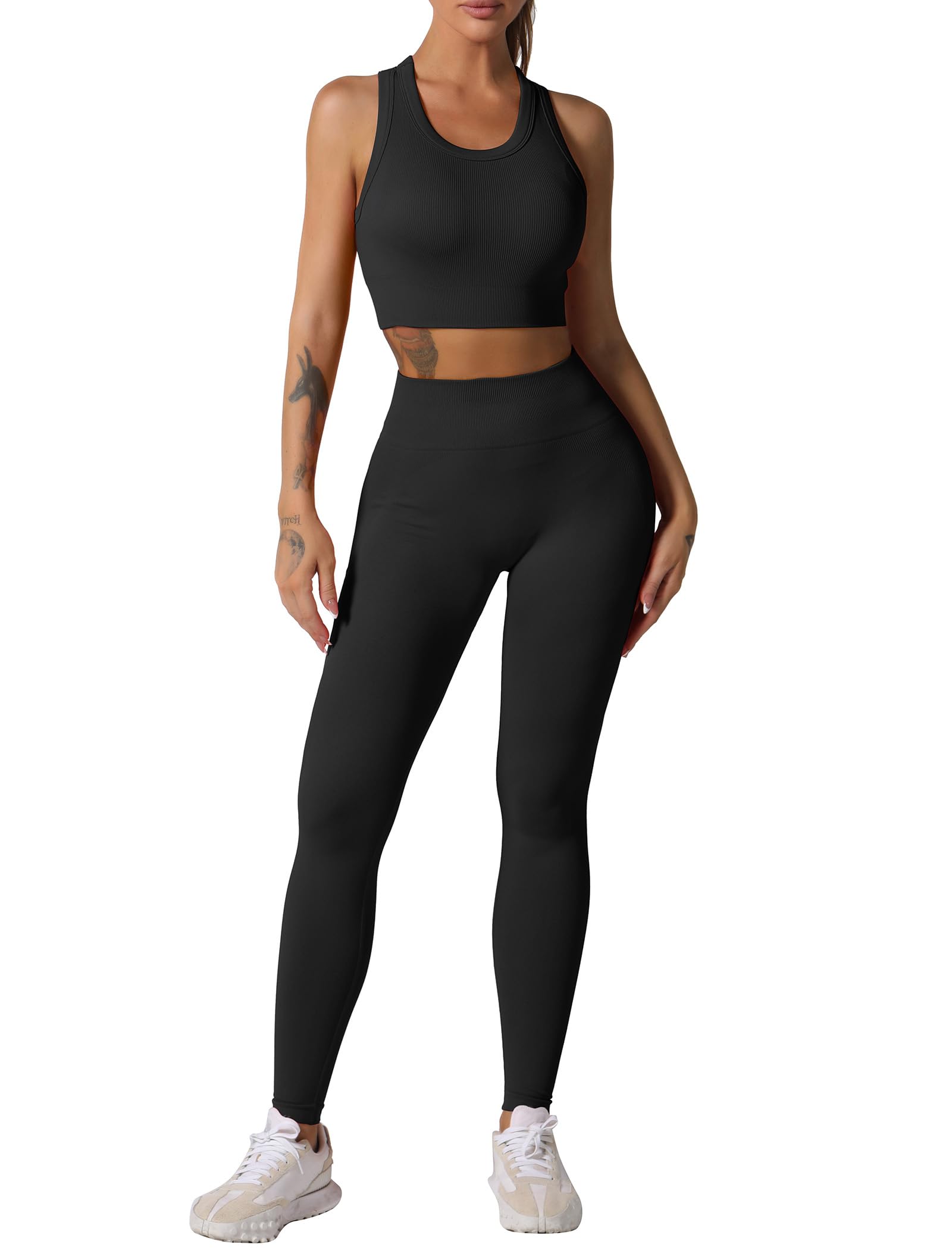 Workout Sets for Women 2 Piece Seamless Ribbed Tank Top Sport Bra High Waist Biker Shorts GYM Yoga Exercise Outfits