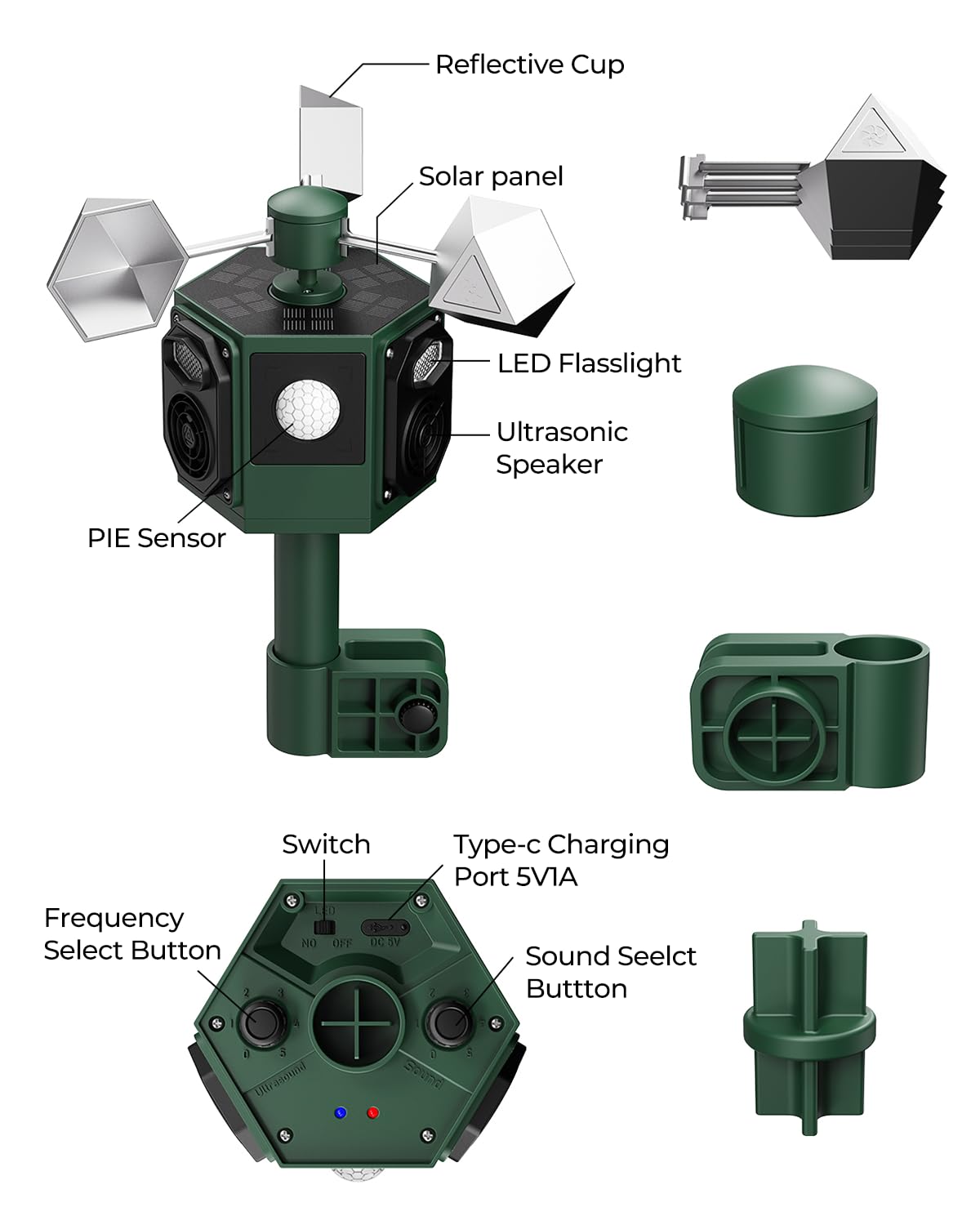 Brd Scarers, deterrente per gatti da giardino, repellente per uccelli riflettente a 360°, repellente per animali ad ultrasuoni a energia solare, impermeabile IP44, repellente per gatti e volpi