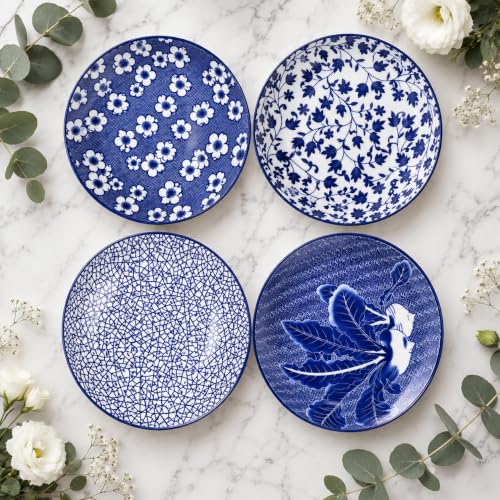 Image of Ceramic Pasta Plate, 20.4 cm Porcelain Dinner Plates, Microwave & Dishwasher Safe, Food Grade Ceramic, Deep Serving Plate for Pasta, Salad, Soup, Curry & Noodles (blue-and-white RANDOM MIX, PACK OF 4)