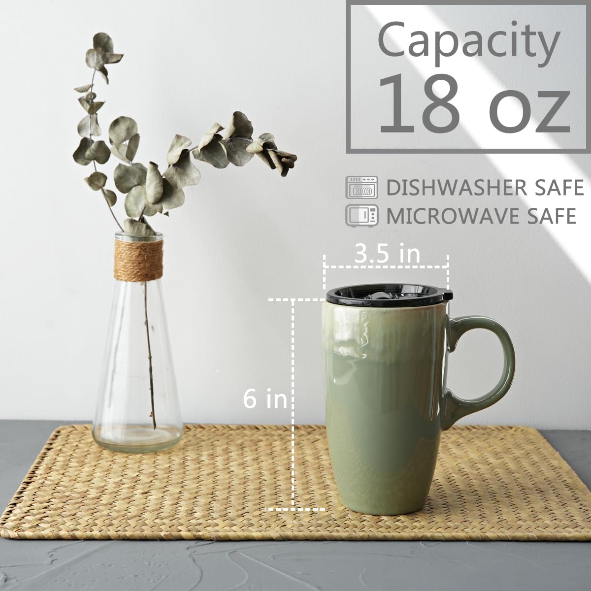 Bosmarlin Ceramic Travel Coffee Mug with Handle and Lid, 18 oz, Portable Coffee Cup for Car Cup Holder, Microwave and Dishwasher Safe, Reactive Glaze (Pale Green) - Image 2