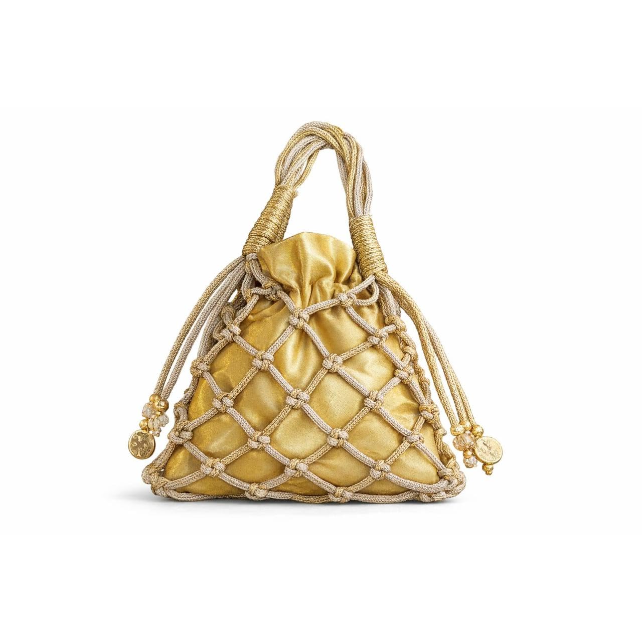 Women’s Gold Satin Potli Bag | Handmade Ethnic Drawstring Pouch with Macrame Knot Design & Tassel Detailing | Bridal & Party-image-16