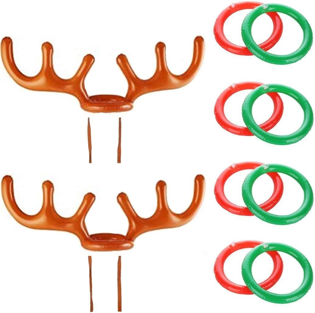 Jeu De Lancer D'anneaux De Noël - 2 Bois De Renne Gonflables + 8 Anneaux + Pompe - Fête En Famille, Adulte Et Enfant
