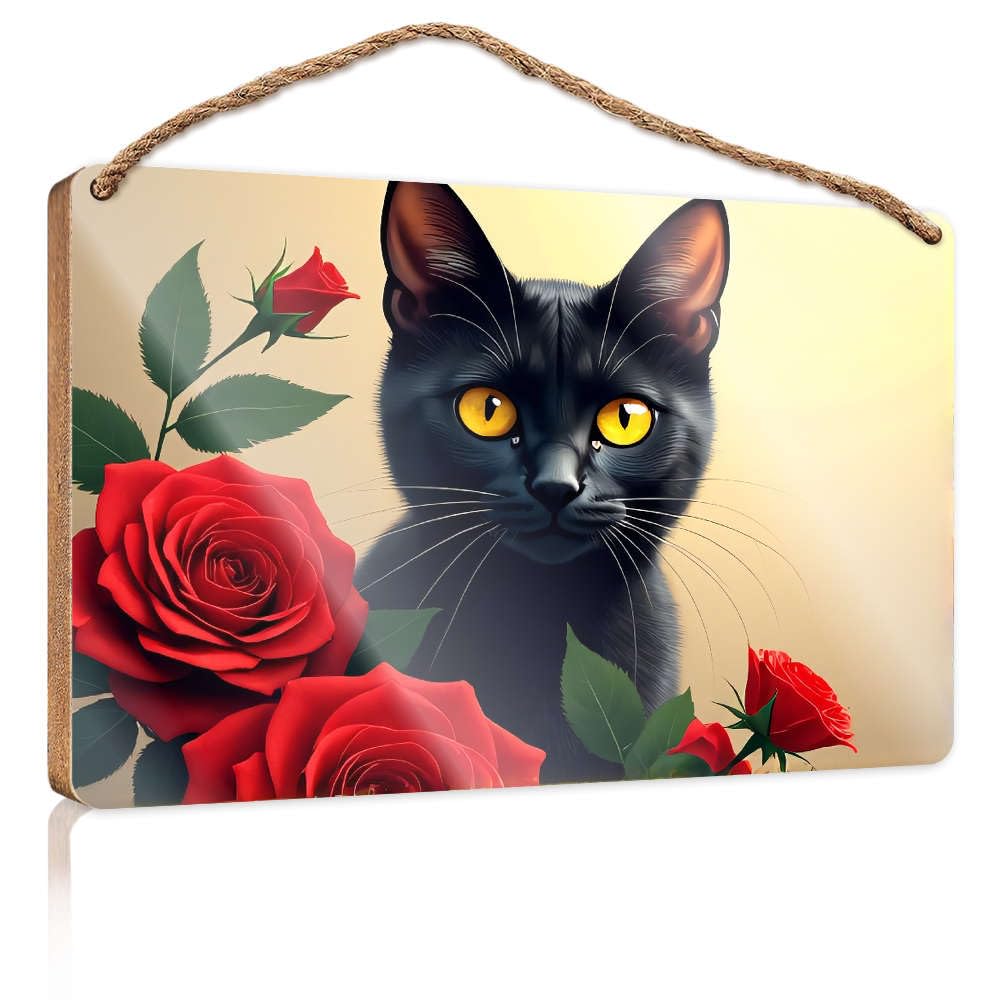 Bathroom Hanging Decor A Black Cat With Striking Yellow Eyes Is Surrounded By Vibrant Red Roses. Boys Bedroom Decorations Front Porch Decor Ideas(23X35CM)