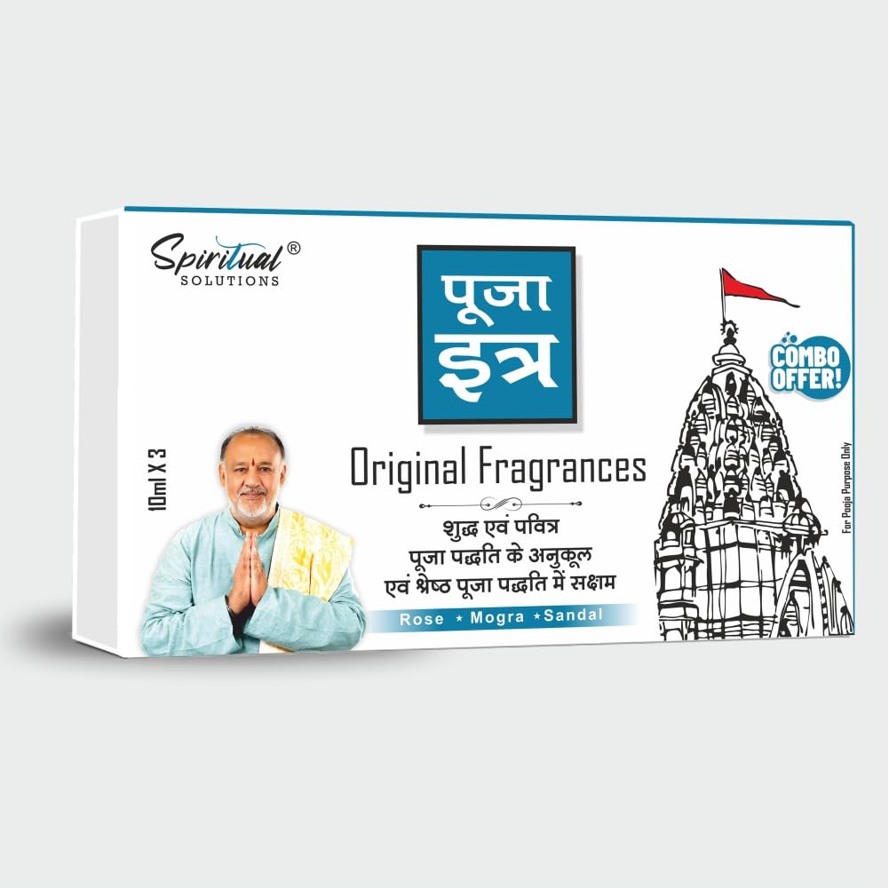 SPIRITUAL SOLUTIONS Pooja Itra Combo Pack (Rose – Mogra – Sandal) - Each 10 ML | Premium Alcohol-Free Puja Itra for Home and Mandir