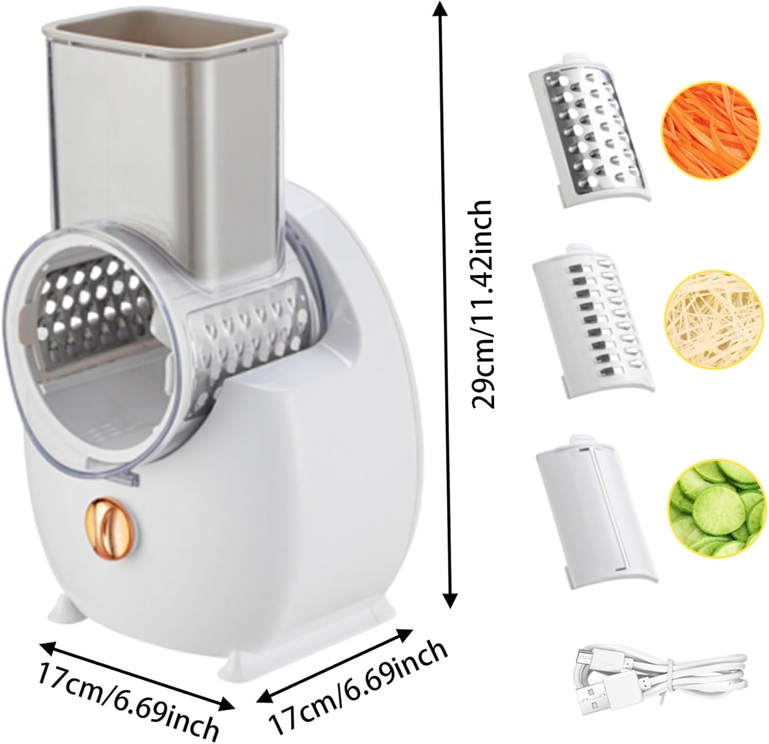 Electric Cheese Grater Automatic Cheese with 3 Attachments USB Vegetable Chopper Cutter Salad Maker for Meat, Fruit, Veggie