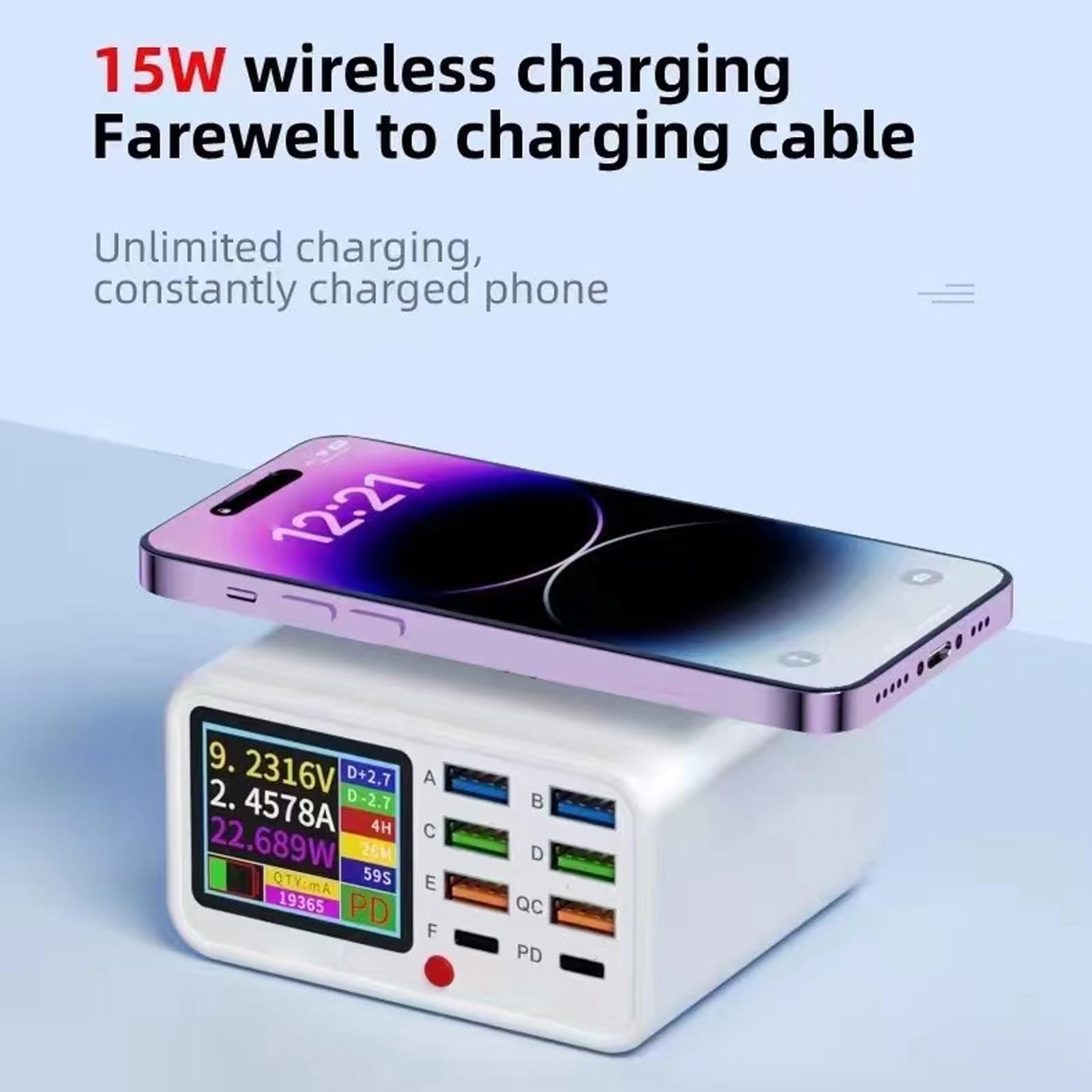 banapoy Estación Carga USB 65W y 8 Puertos, Concentrador Carga Rápida Múltiples Dispositivos con Inalámbrica y Pantalla Visualización, para Tabletas Teléfonos Inteligentes (Enchufe de la UE)