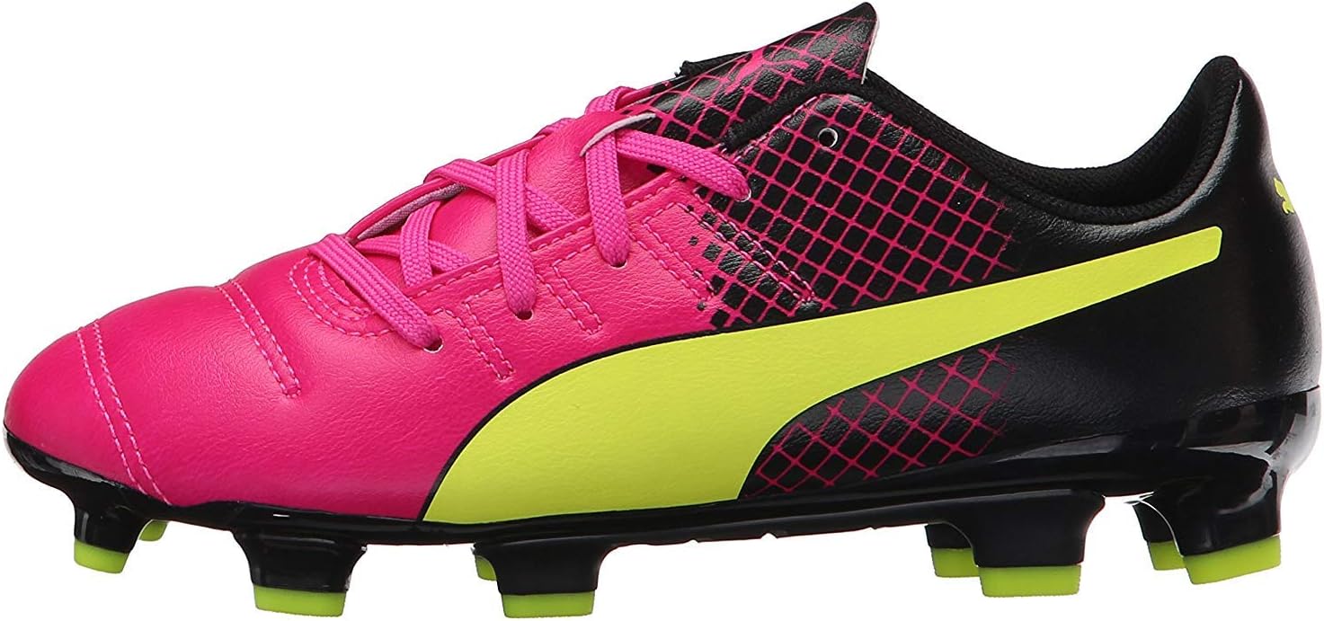 Puma Unisex-Child Evopower 4.3 Firm Ground Soccer Shoe, Pink Glo/Safety Yellow, 4 B US Big Kid