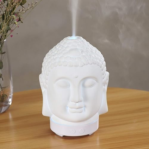 Miniatura 5 de Difusor de aroma de aceite esencial de Buda sonriente, difusor de aromaterapia de cerámica de 3.4 fl oz, mini humidificador ultrasónico de niebla