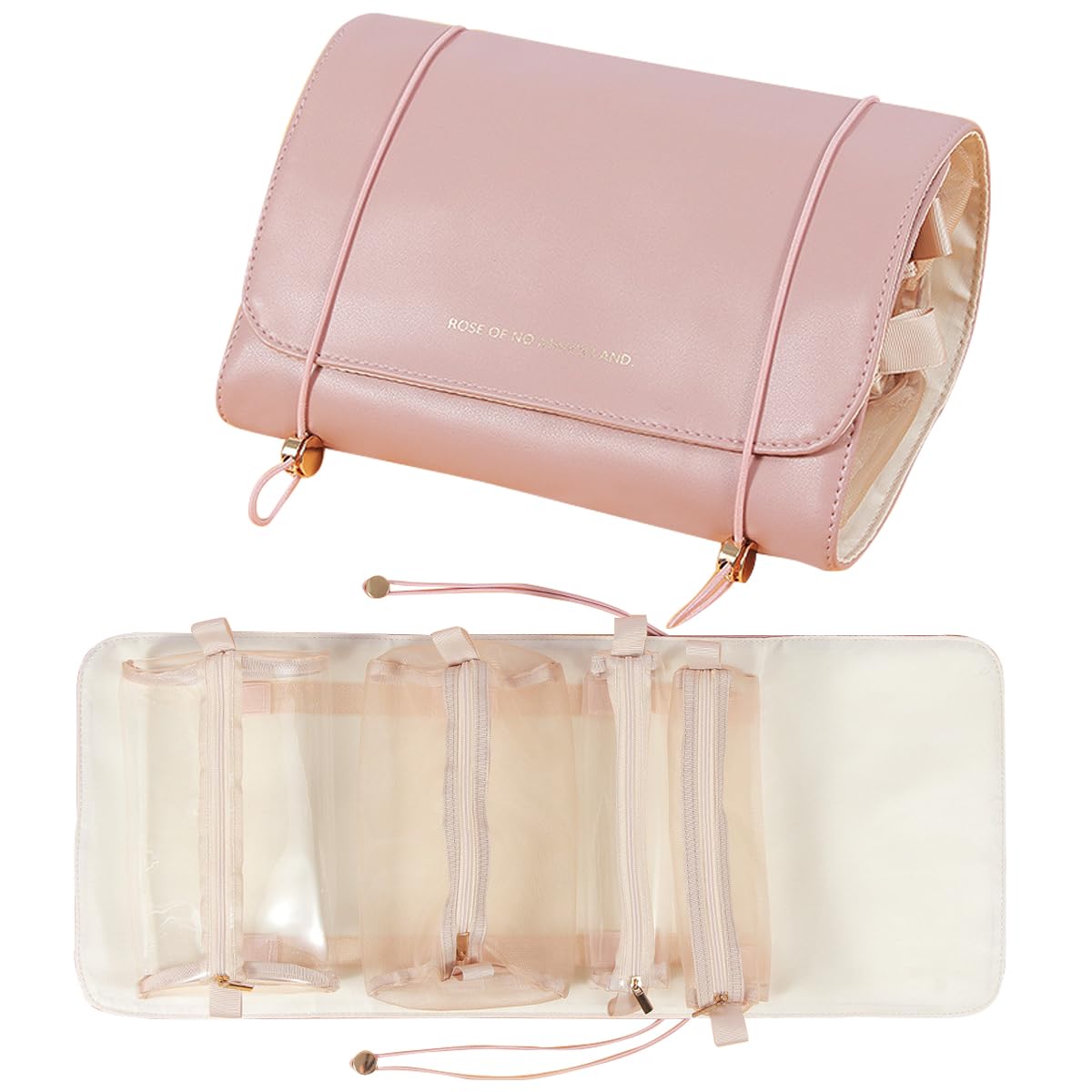 4 in 1 Travel Cosmetic Bag Roll-Up Toiletry Foldable Make Up Storage Bag for Skin Care Products, with 4 Detachable Zipper Pouches