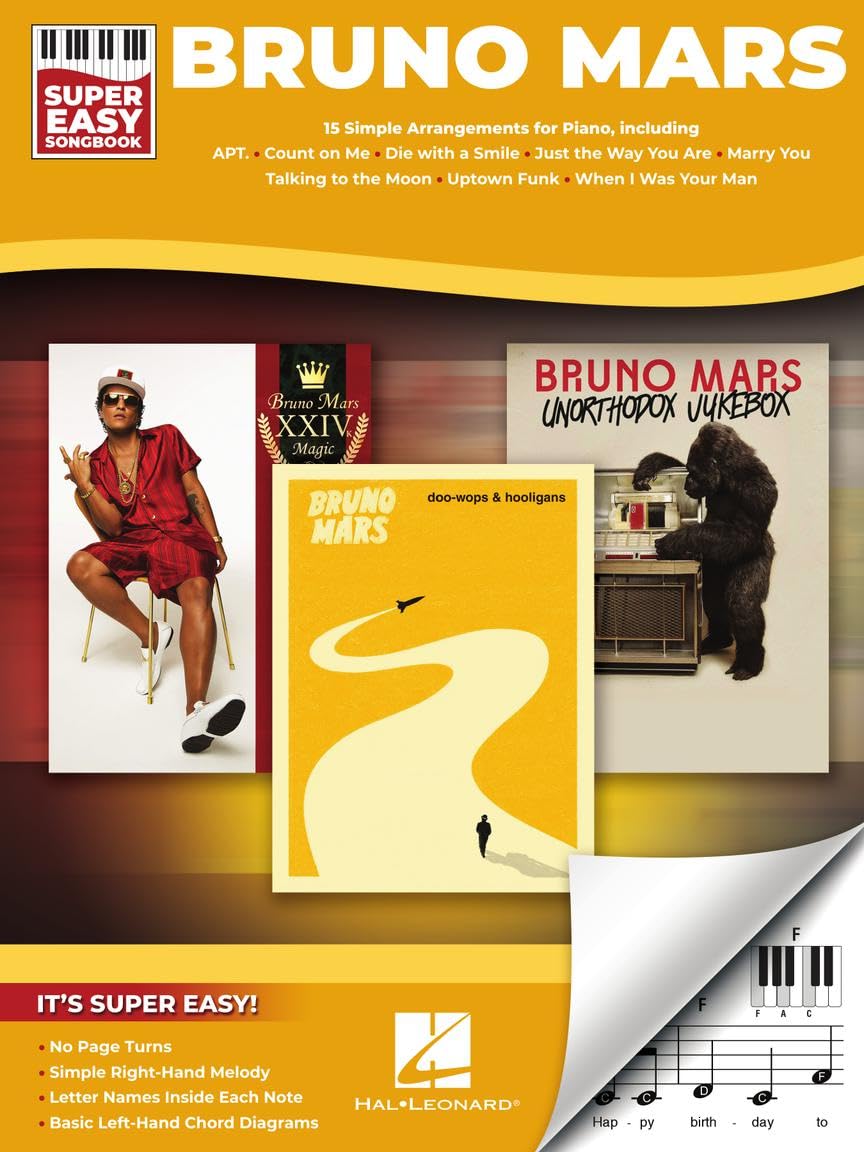 Bruno Mars - Super Easy Songbook per Pianoforte | 15 Successi di Bruno Mars in Arrangiamenti Facili per Principianti | Note con Nomi delle Lettere e Diagrammi di Accordi | Raccolta per Piano Solo