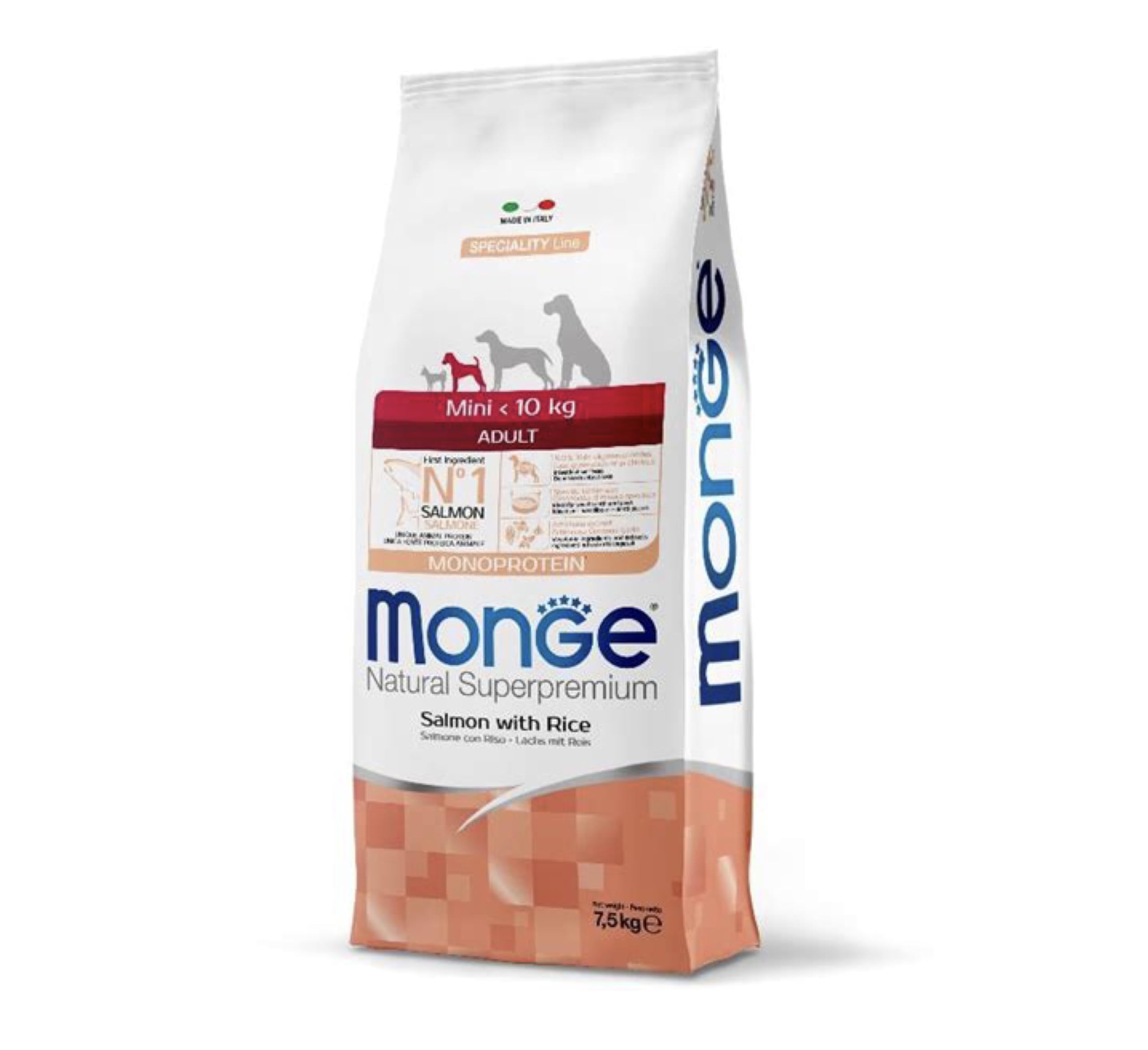 Monge Natural Superpremium Mini Adult Monoprotein Salmone con Riso, Cibo Secco per Cani Adulti di Taglia Piccola, 1 confezione da 7,5 kg