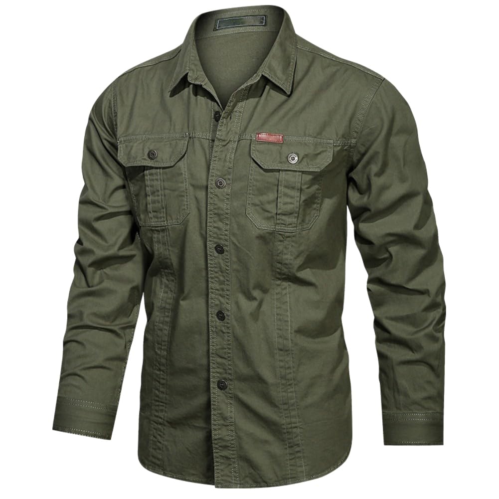 Camisas Hombre Manga Larga Ropa Militar de Algodón con Botones Sobrecamisa al Aire Libre Cargo Shirts Protección UV para Pesca, Tala, Montañismo, Caza