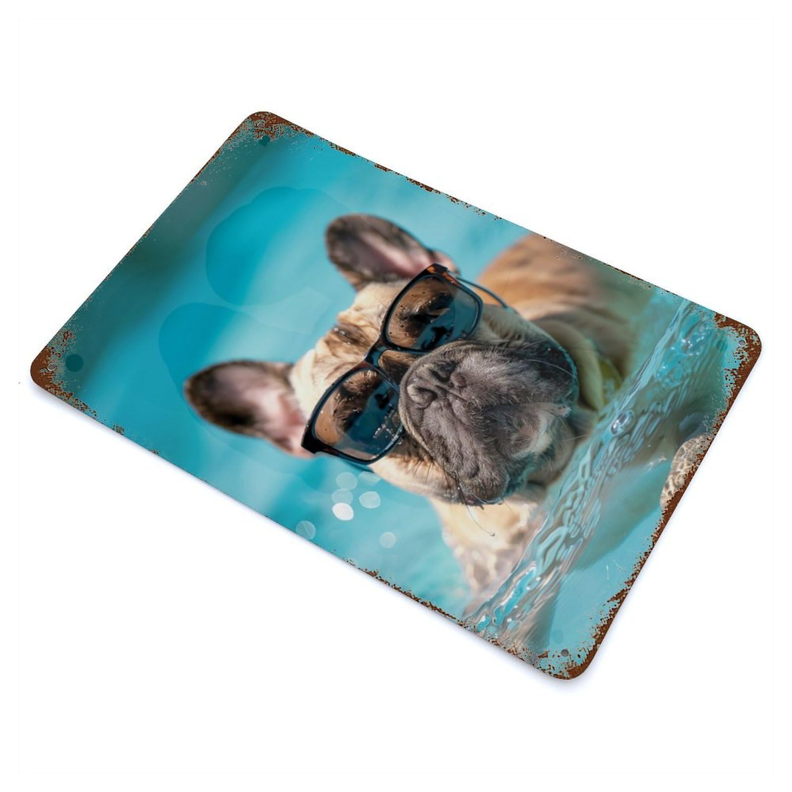 French Bulldog Sunglasses Rust Effect Tin Sign 11.8"x7.9", Novelty Wall Decor for Garage, Pub Or Kitchen