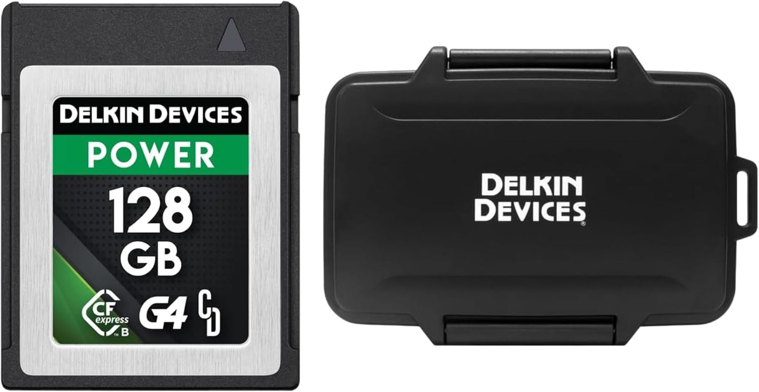 Delkin Devices Power CFexpress Type B G4 128GB Memory Card + Rugged CFexpress/SD/microSD Storage Case – High-Speed CFxB 4.0 Card & Weather-Resistant Protective Tote Bundle